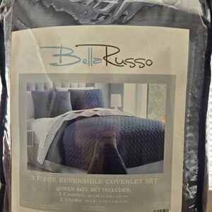 Bella Russo Queen Size 3 Piece Reversible Coverlet & Shams Blue Quilted **NEW**